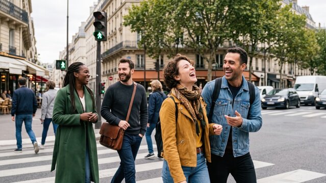 Friends walking city street laughing together outdoors in an urban environment with historic European architecture.