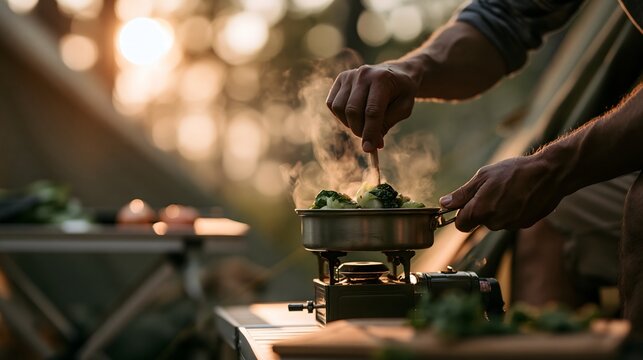Camper bereitet Gem&uuml;se auf einem kleinen Campingkocher vor dem Zelt zu