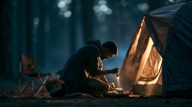 Camper richtet bei Einbruch der Dunkelheit seine Ausr&uuml;stung vor einem beleuchteten Zelt ein