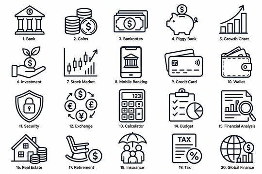 Set of simple black line icons for finance banking and money business