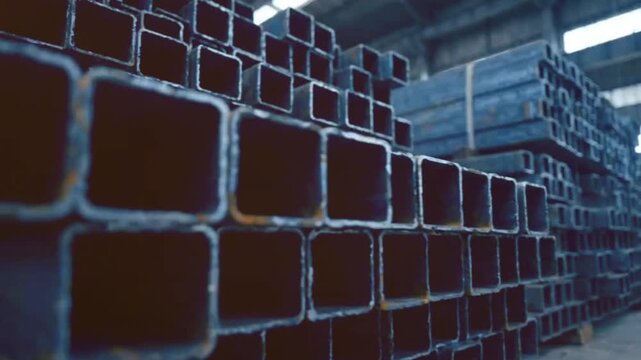 Industrial warehouse storing stacked square steel pipes in factory setting showing heavy metal production inventory during steady panoramic camera movement.