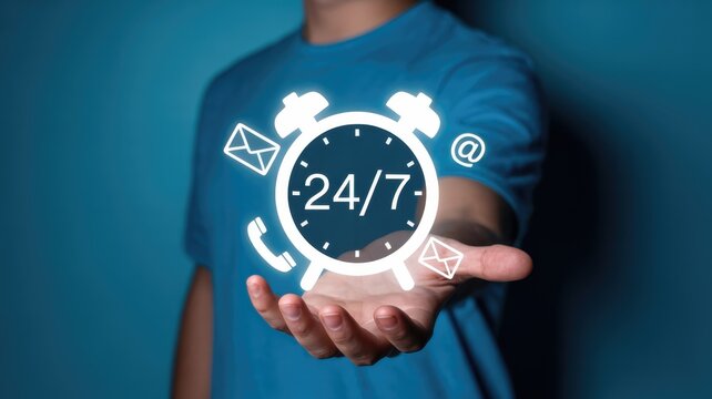 Person holding a glowing white digital of a 24/7 alarm clock surrounded by email and phone symbols on blue