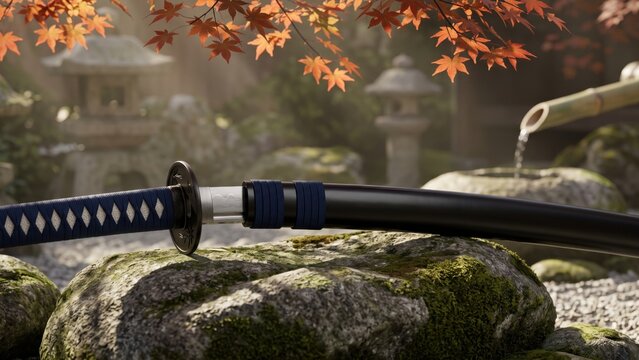 A sharp katana sword rests on a mossy rock inside a serene Japanese garden under red maple leaves.