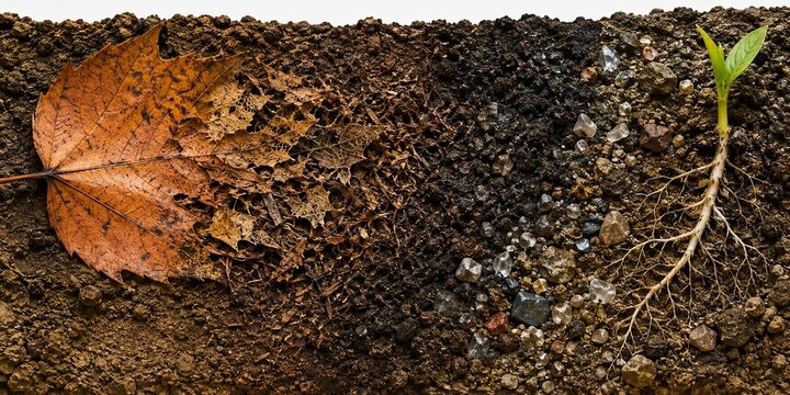 Cross-section of soil showing decomposition of a dry leaf on the left and a young plant with roots on the right, illustrating the cycle of life in nature