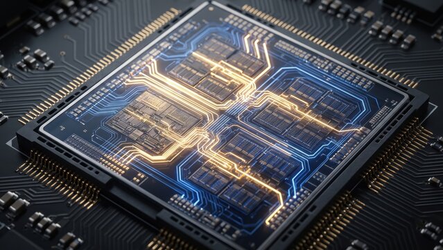 A powerful cpu microchip processor mounted on an electronic circuit board representing advanced technology.