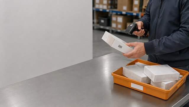 Warehouse worker scanning barcodes on small cardboard boxes for inventory management with warehouse logistics inventory shipping distribution handling delivery industry fulfillment tracking