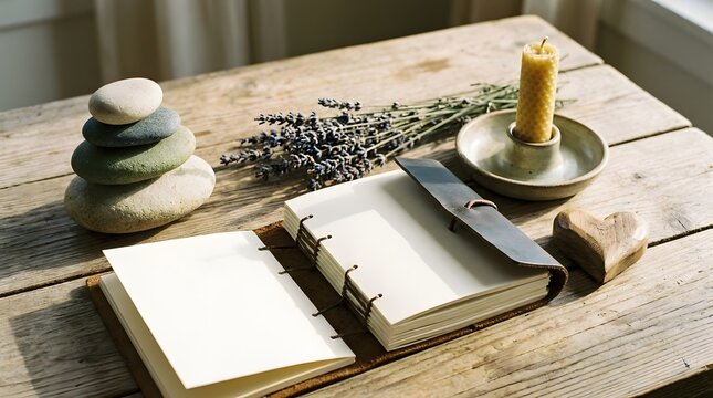 World mental health day open leather journal with blank pages, stacked stones, dried lavender, a beeswax candle, and a wooden heart on a rustic wooden table