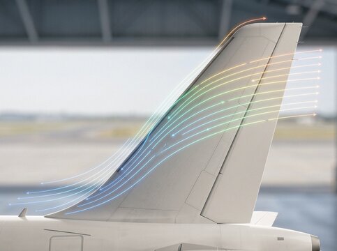 Close-up of aircraft vertical stabilizer with aerodynamic rainbow airflow vector lines