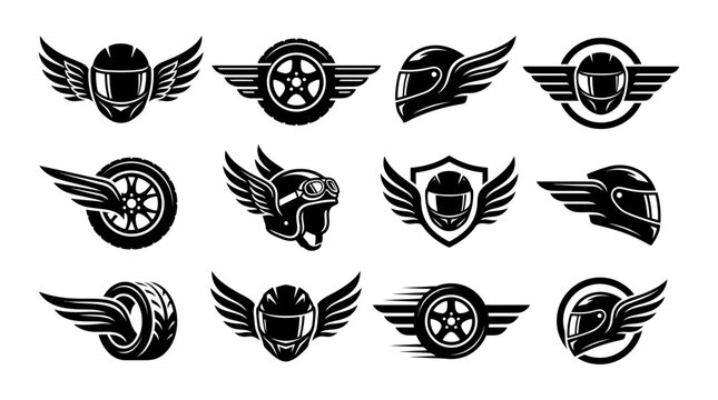 Motorbike gear collection features stylized black helmets and racing wheels with majestic wings designed as professional vector graphic emblems for sports clubs or automotive apparel branding projects