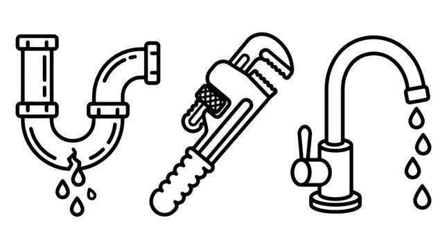Plumbing repair icons featuring a leaking pipe segment an adjustable metal wrench tool and a household kitchen sink faucet with dripping water droplets presented in a clean minimalist vector design 