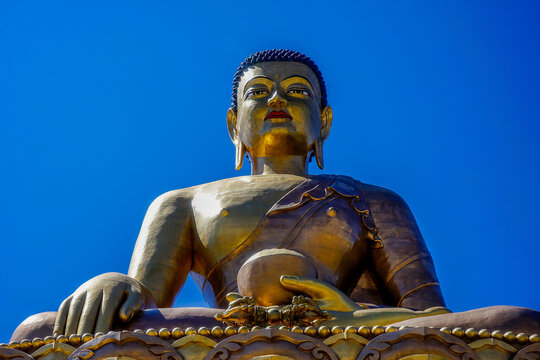 Bhutan, near Thimphu, the Giant Golden Buddha Statue of Dordemna and the entrance door.	