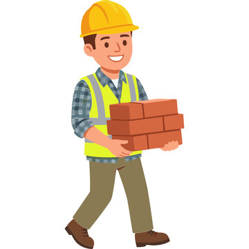 Construction Worker Carrying Bricks: A smiling construction worker in a yellow hard hat and safety vest carries a stack of bricks, ready to build.