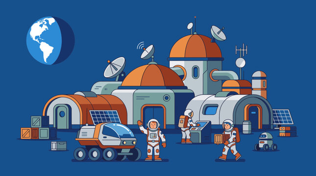 Moon surface base featuring habitat modules, solar panels, rovers, astronauts and Earth glowing in dark starry sky above.