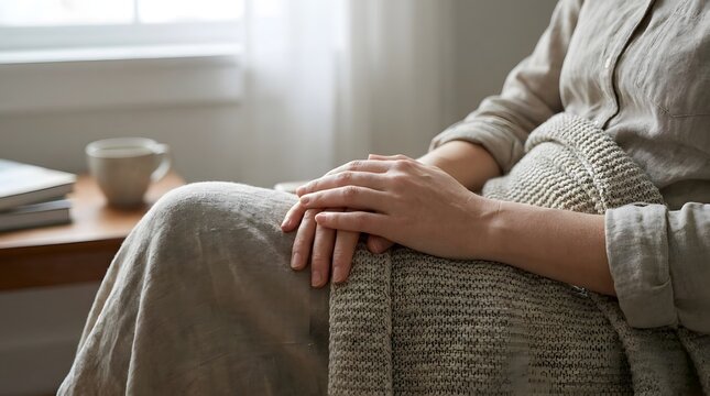 World mental health day close up of a womans hands resting on her lap while sitting under a cozy blanket, with a cup of coffee and books on a table nearby