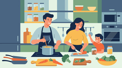 Fototapeta premium Modern kitchen scene with parents and child preparing food at counter, fresh ingredients and warm home atmosphere.