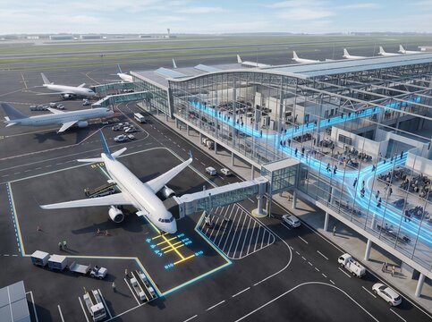 Isometric view of smart airport terminal with glowing passenger flow lines and airplane docked at gate