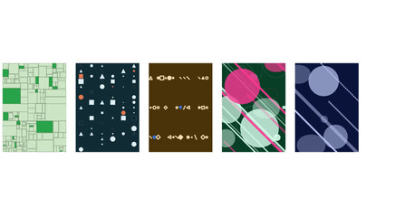 Fototapeta premium A set of five abstract panels displaying a grid of rectangles, scattered geometric shapes, diagonal lines, and circular bokeh in dark colors