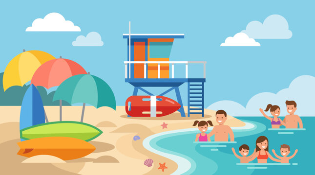 Summer seaside scene with lifeguard tower, colorful umbrellas, people swimming, sand and bright ocean waves.