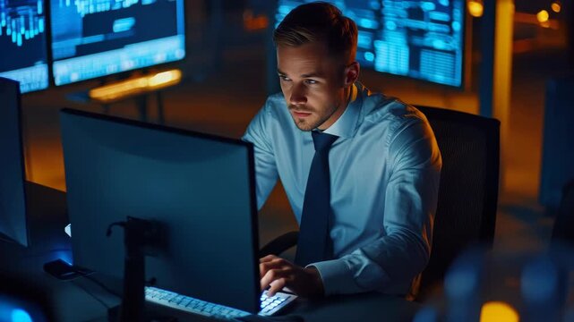 A man wearing a suit is focused on his work at the computer in an office with dim lighting and blue monitors.