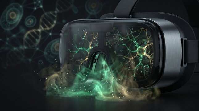 Futuristic VR headset with DNA and neuron medical visualization, virtual reality goggles for science and healthcare