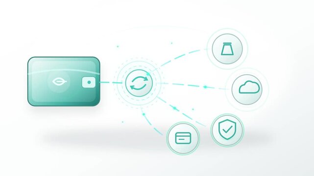 Digital wallet sending recurring payments to multiple service icons with glowing pulse in clean seamless loop