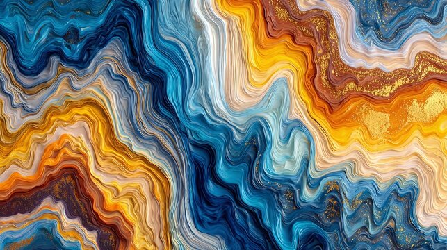 Abstract fluid art illustration featuring a vibrant blend of swirling blues, yellows, and oranges with metallic gold accents, creating a dynamic and textured surface
