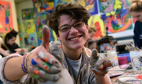 a high school student joyfully sculpting with clay, their hands stained with paint, is surrounded by vibrant wall paintings and a plethora of artistic supplies in a dynamic art room brimming with crea