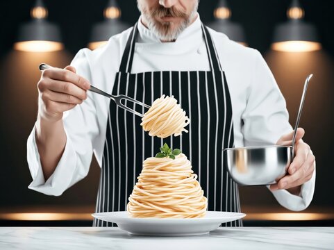 Professional chef in a striped apron prepa and decorating a tall elegant plate of spaghetti pasta with basil in a modern restaurant kitchen setting