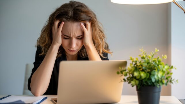 Stressed young business woman sitting at desk with laptop feeling overwhelmed by workload in modern office space