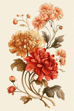 Vibrant botanical illustration featuring blooming chrysanthemums in shades of red, orange, and yellow with delicate green leaves on a soft beige background