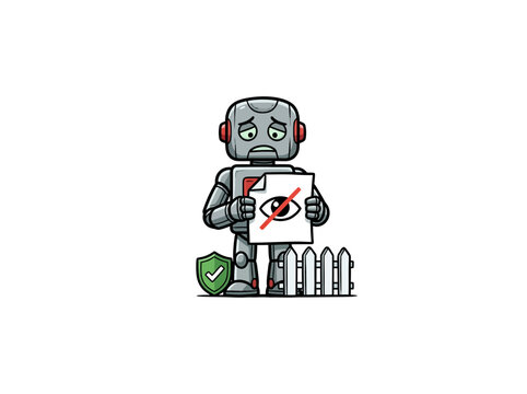Sad Gray Robot Character Holding A Document With An Eye Crossed Out To Indicate Data Privacy Protection While Standing Behind A Fence With A Green Vector Illustration