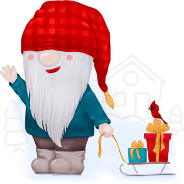 Festive bearded gnome in a red hat stands beside a gift-filled sled. Ideal for Christmas advertising, posters, invitations, and seasonal campaigns.
