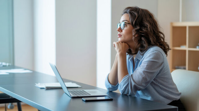 Thoughtful young woman with curly hair and glasses sitting at a desk with a laptop and looking away in deep thought