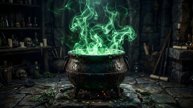 A bubbling iron cauldron filled with glowing green magic potion in a dark spooky workshop for halloween