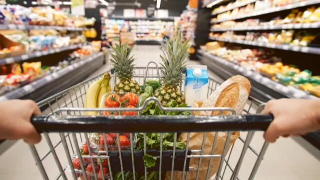 Person pushing shopping cart filled with groceries through supermarket aisle, consumerism, healthy food choice, retail shopping experience, everyday life activity.