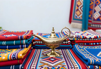 Fototapeta premium Golden aladdin lamp on traditional middle eastern patterned textiles, arabian culture and folklore