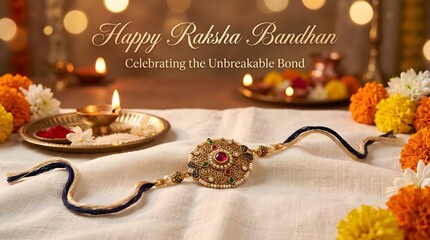 Naklejka premium Happy Raksha Bandhan celebration banner with sweets, flowers, and festive decor for sibling love