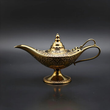 Ornate golden aladdins lamp with intricate arabesque patterns, magic and wish fulfillment concept, studio shot