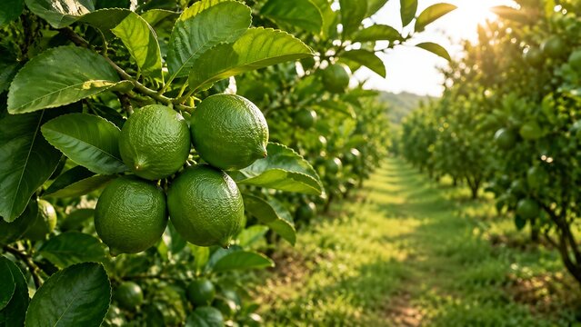 Fresh green limes grow on lush citrus tree branch in sunny orchard grove