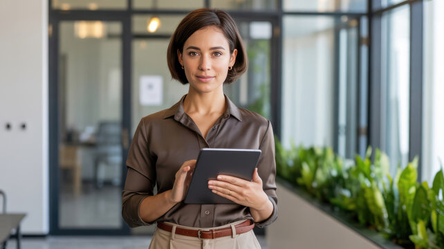 Woman holding digital tablet standing in modern office hallway with green plants and glass walls