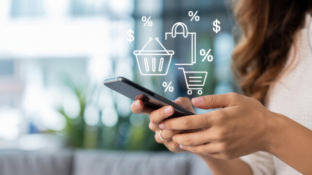 Woman holding a smartphone with floating digital shopping including a basket bag and cart for online commerce