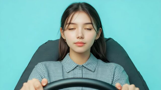 A young woman with a focused expression driving a car on the road. She has a modern hairstyle and is wearing a plaid shirt.