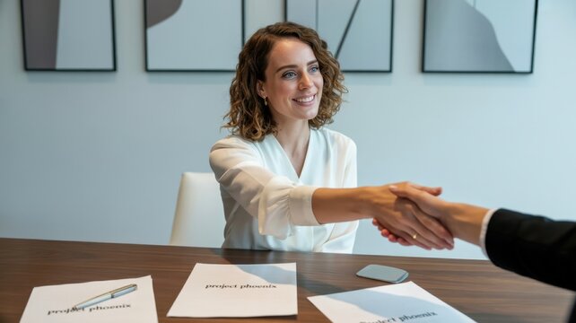 Woman smiling and shaking hands with partner in modern office meeting for project phoenix agreement