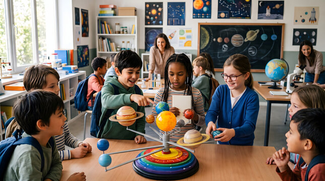 Diverse elementary school students exploring a solar system model during a science lesson in a bright classroom while a teacher watches over the engaged children learning about astronomy space