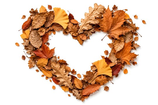 Realistic autumn leaves arranged into a heart shape on a clean white background
