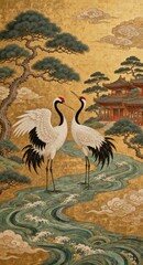 Obraz premium Traditional asian painted screen with pair of red crowned cranes standing on winding stylized river near temple pavilion, gold leaf background