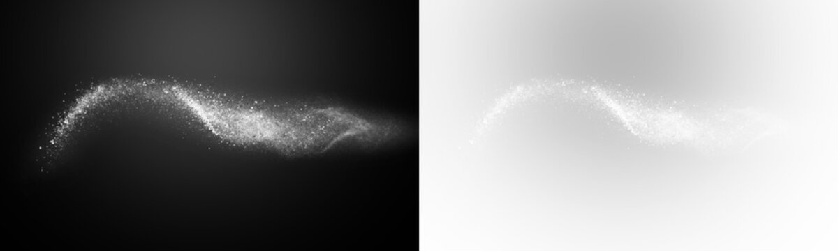 Ethereal white dust particles on black background, glowing magic powder trail, abstract sparkling sand wave with alpha channel mask