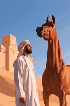 Confident Middle Eastern man in white kandura stands beside a brown horse against a desert backdrop with a traditional fortress in the background