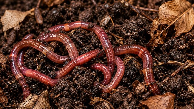 Earthworms wiggling in dark soil with fallen leaves, indicating healthy garden