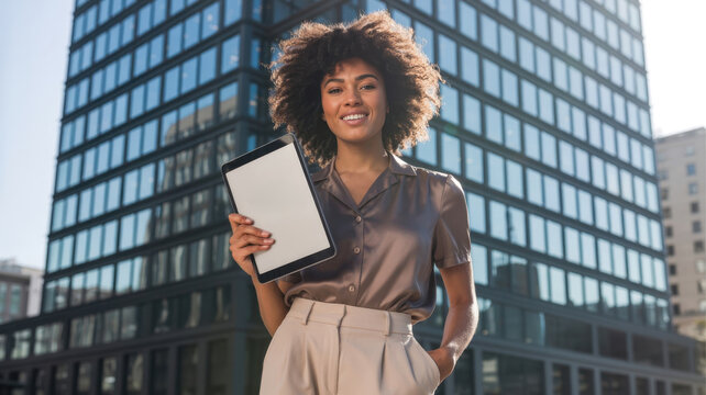 Woman with curly hair holding tablet with strategic growth solutions text standing outside skyscraper
